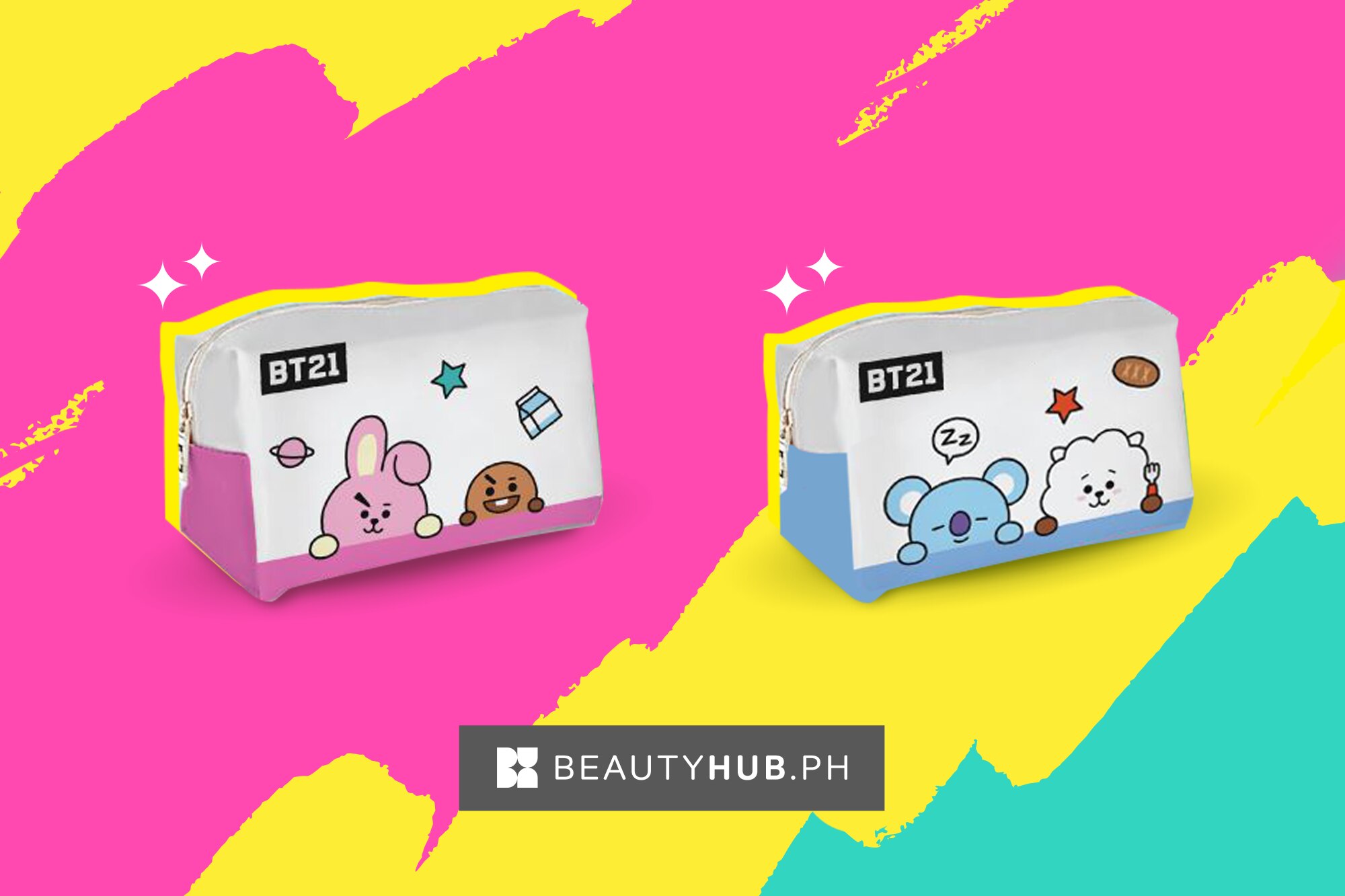 Two BT21 pouches featuring Cooky, Shooky, Koya, and RJ on pink background