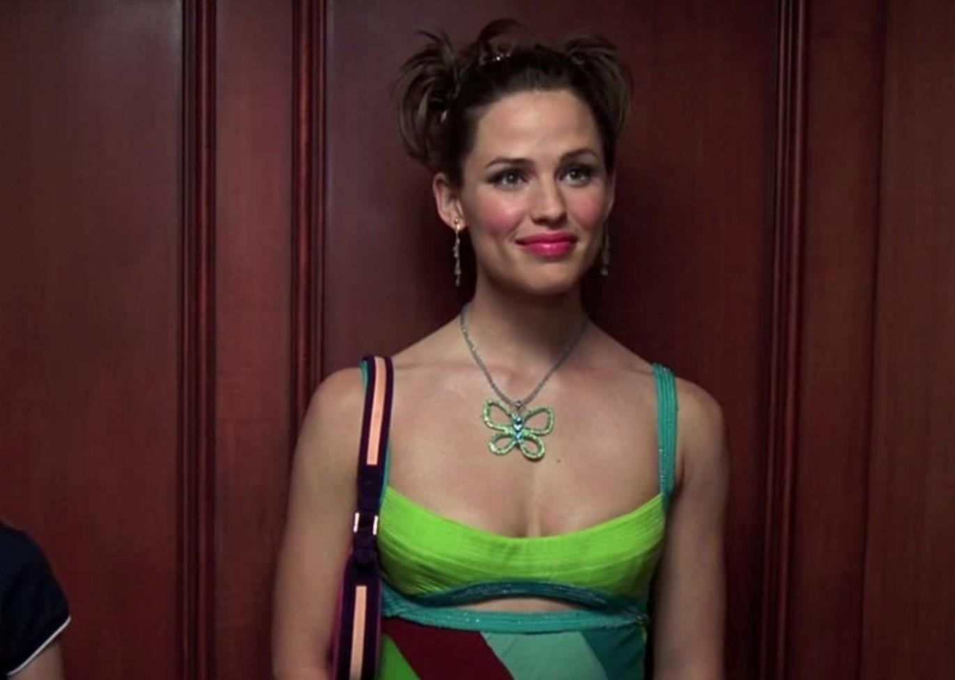 Jennifer Garner wearing a green dress and butterfly necklace