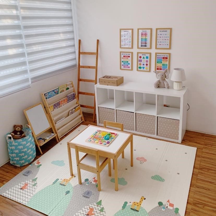 Home classroom with shelves and a table.