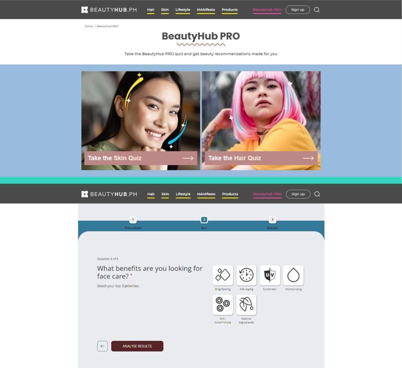 Screenshots of a web application with two images of two women against a blue background.