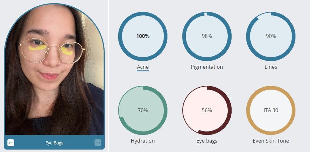 A selfie of a woman wearing glasses and a screenshot of BeautyHub PRO skin quiz results.