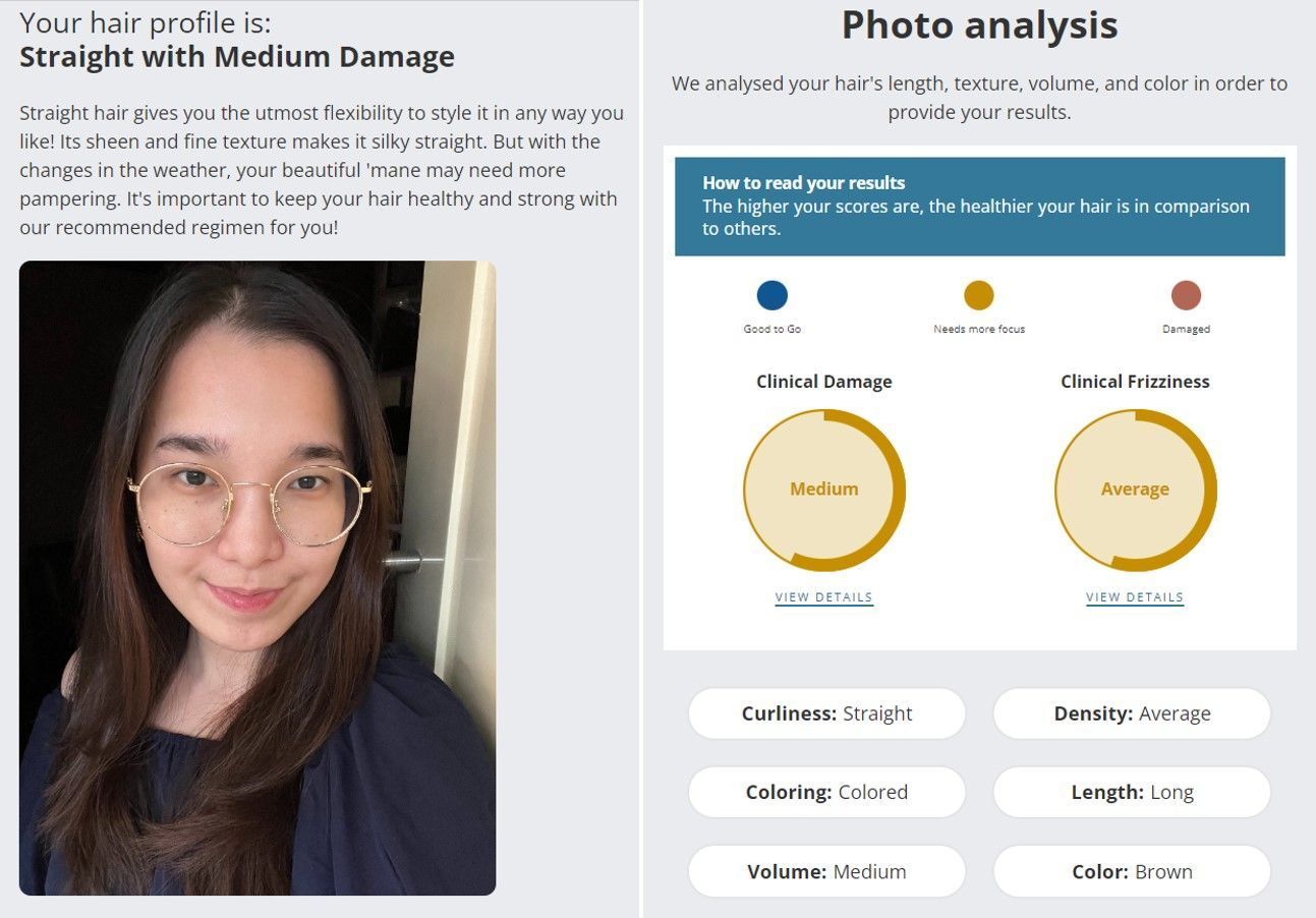 A selfie of a woman wearing glasses and a screenshot of BeautyHub PRO hair quiz results.