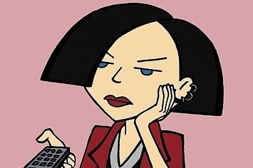Illustration of an Asian woman with short black bob holding a remote control