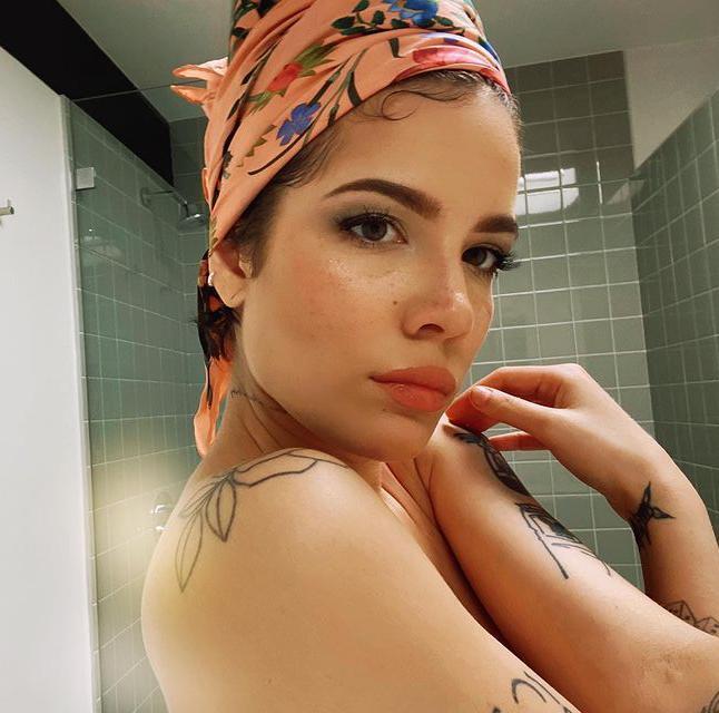 Halsey wearing a floral bandana