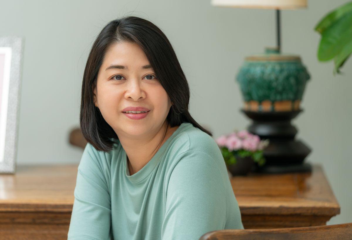 Portrait of a middle aged woman with light makeup