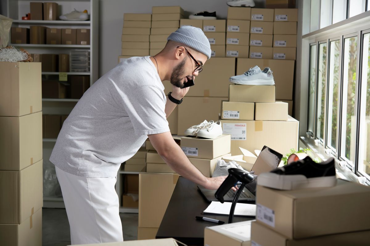 Asian man on a laptop and phone with shoe boxes and shoes visible.