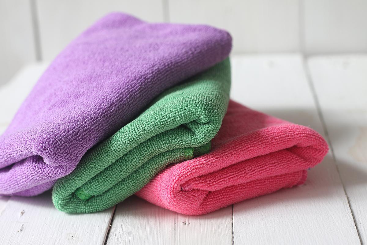 Stacked microfiber towels in different colors