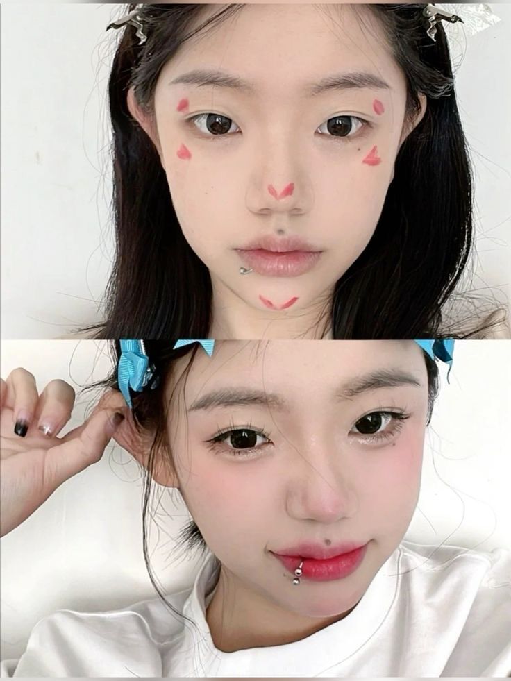 A collage of two photos showing how to place blush in Douyin makeup.