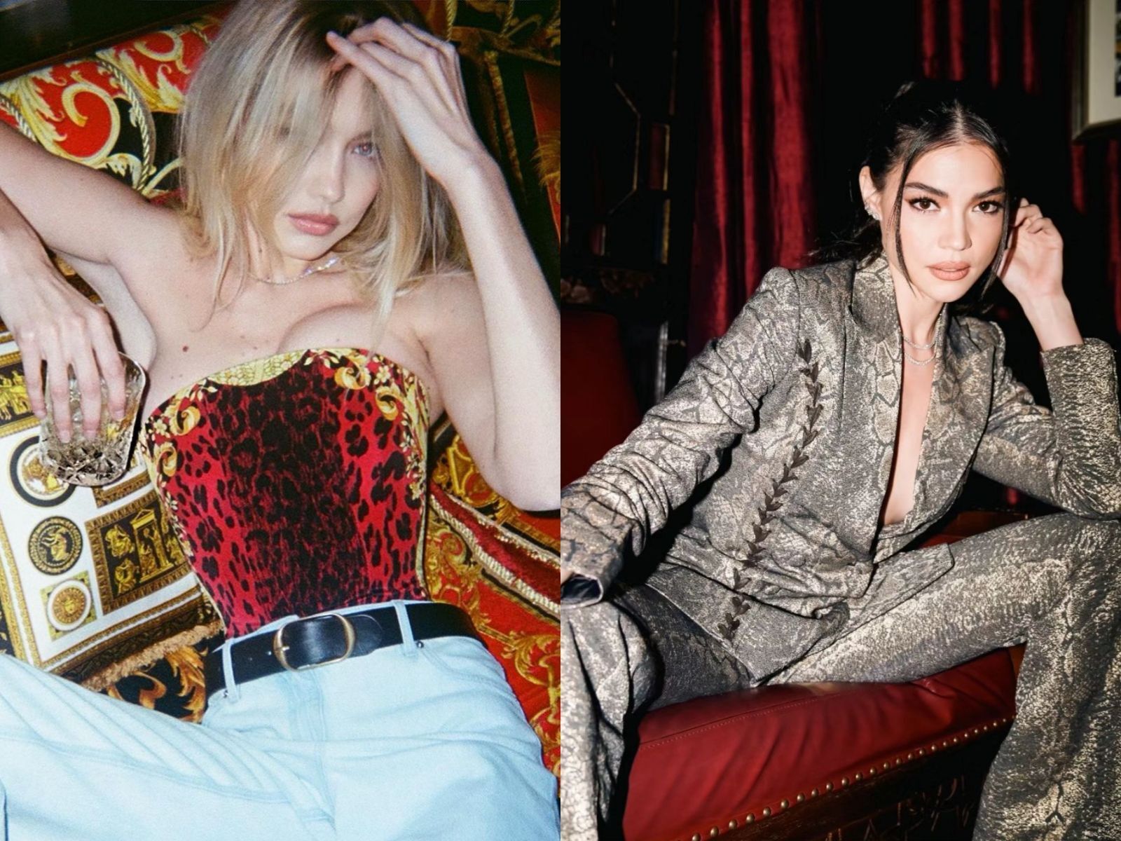 A collage of Gigi Hadid and Rhian Ramos wearing animal print clothes.