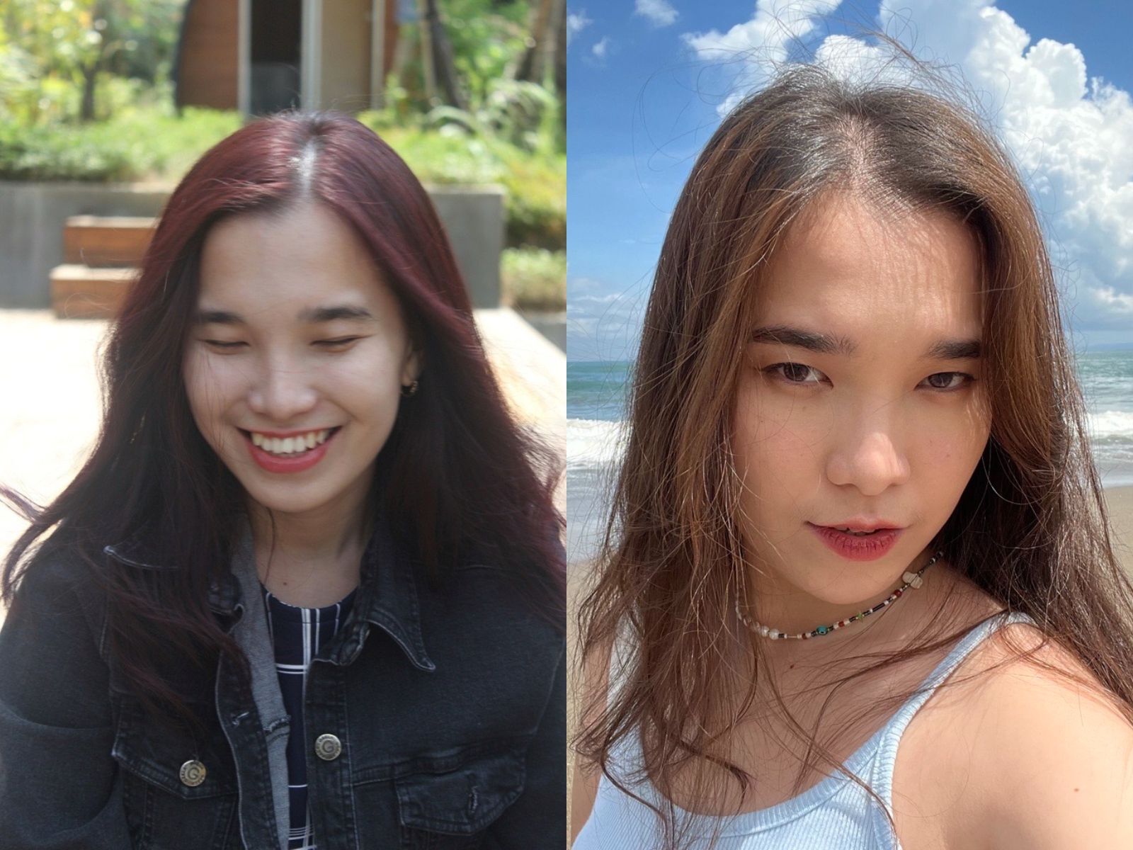 A collage of woman with red hair and the same woman with light brown hair.