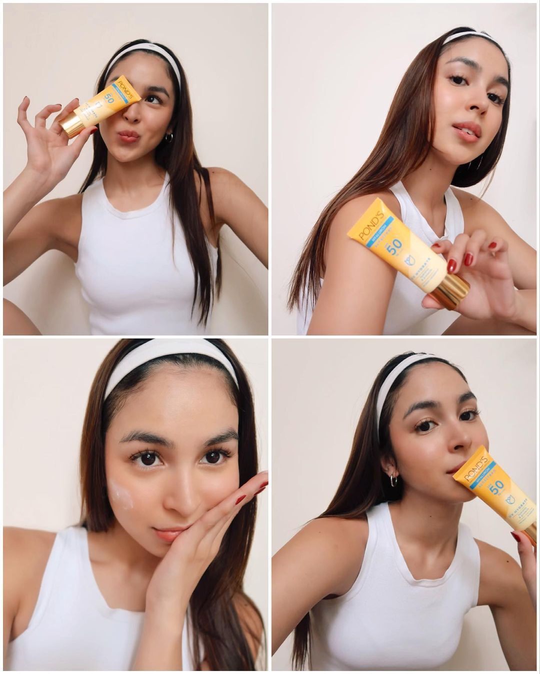 Collage of a woman in white holding a sunscreen product.