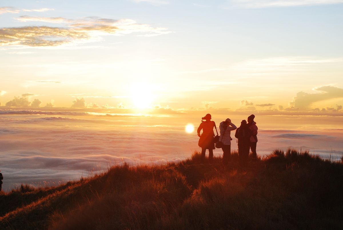 A group of four hikers taking in the views at the summit of Mt. Pulag. 