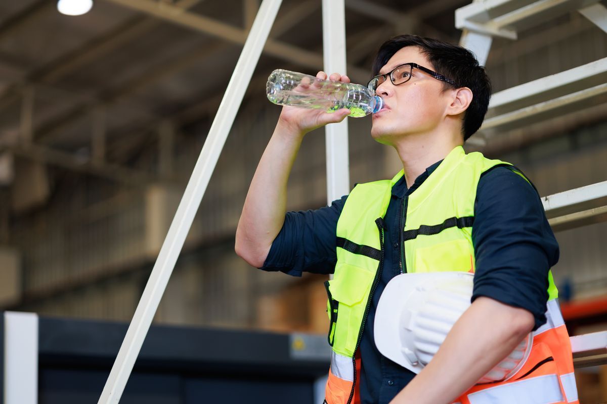 Man in working clothes is drinking water from a bottle.