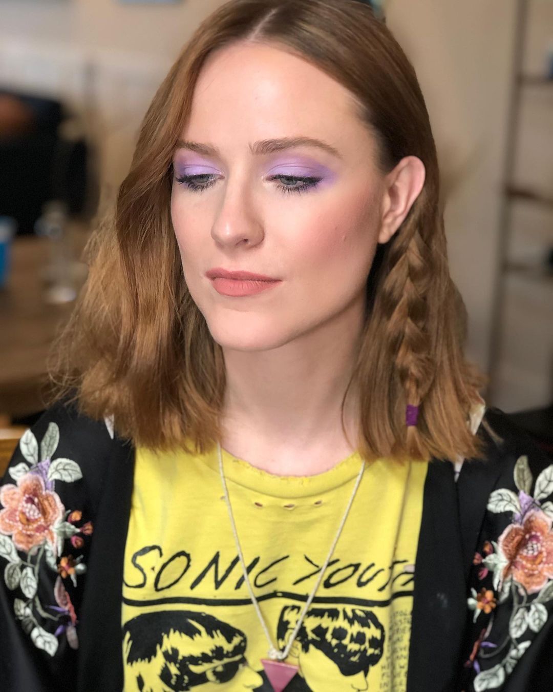 Evan Rachel Wood with short hair and purple eyeshadow