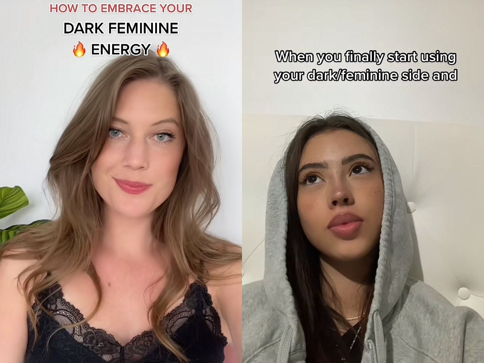 A collage of two women talking about dark femininity.