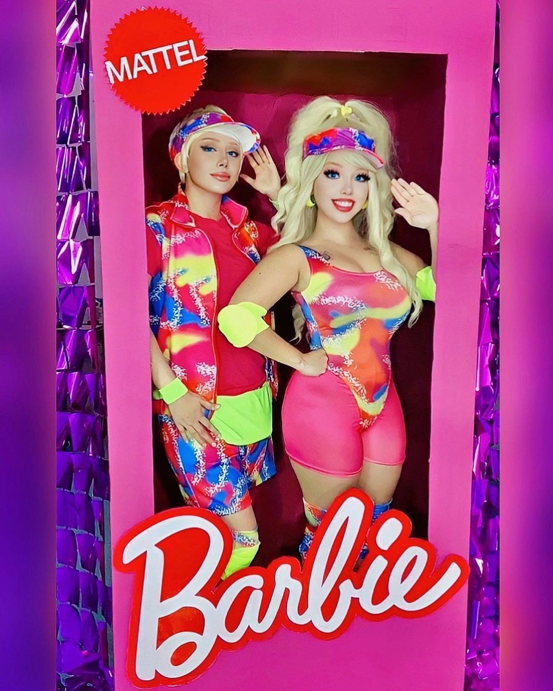 Two women dressed up as Rollerblading Ken and Barbie.