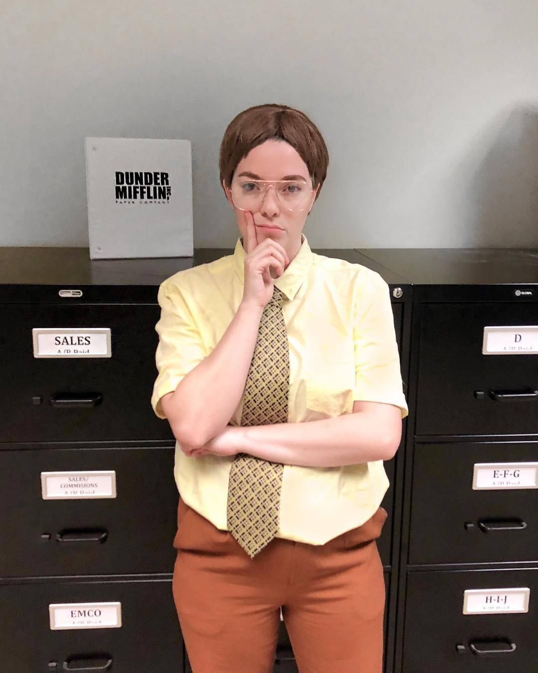 A woman dressed up as Dwight Schrute from The Office.