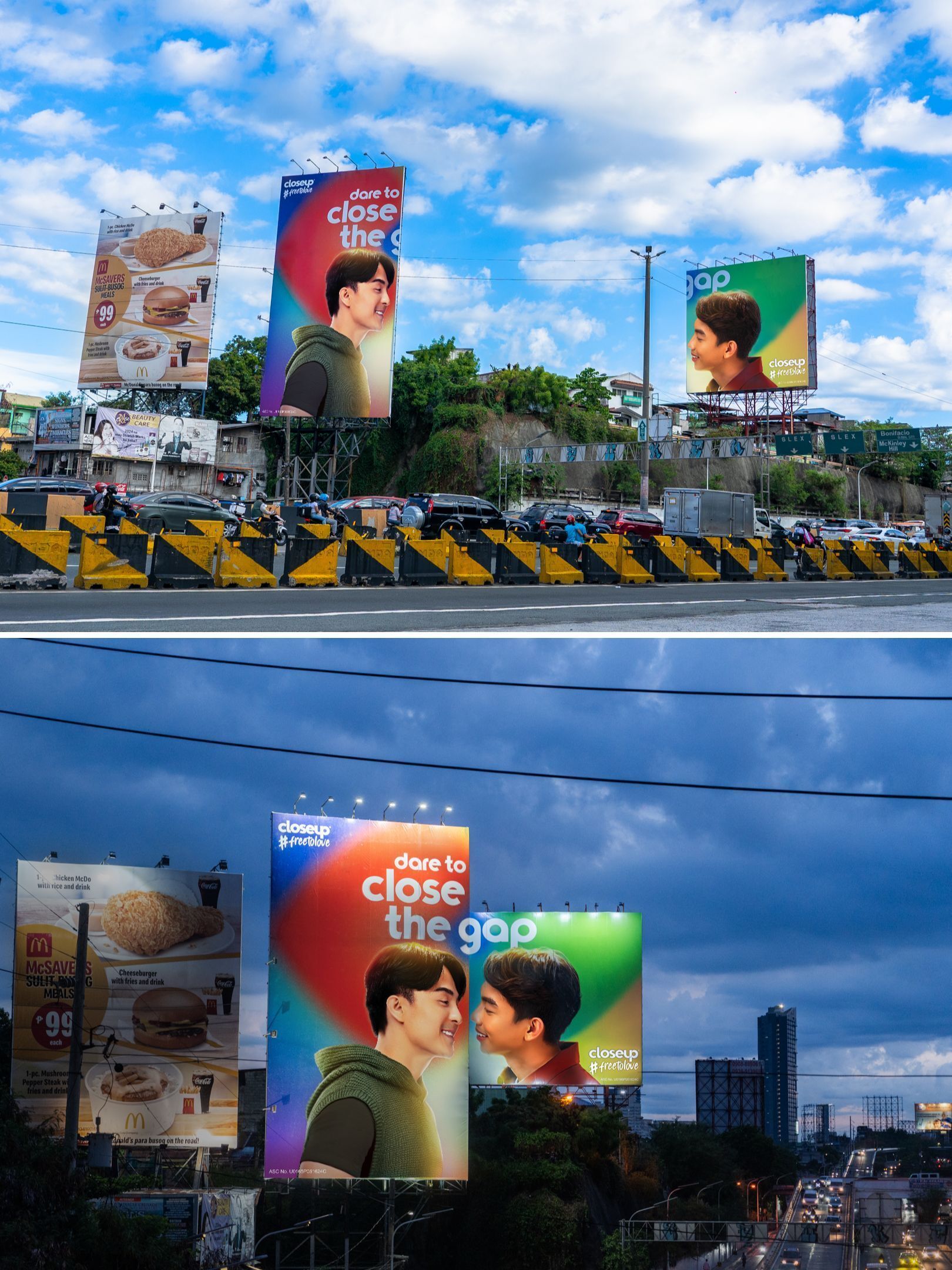  A collage of photos of two billboards depicting a gay couple appearing to kiss against night sky.