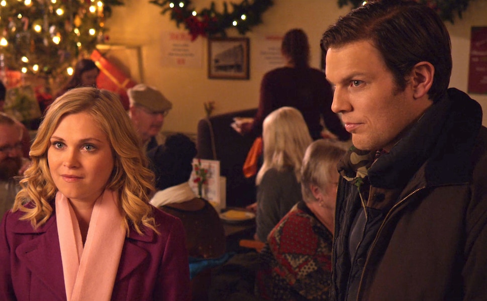 Eliza Taylor and Jake Lacey in Christmas Inheritance.