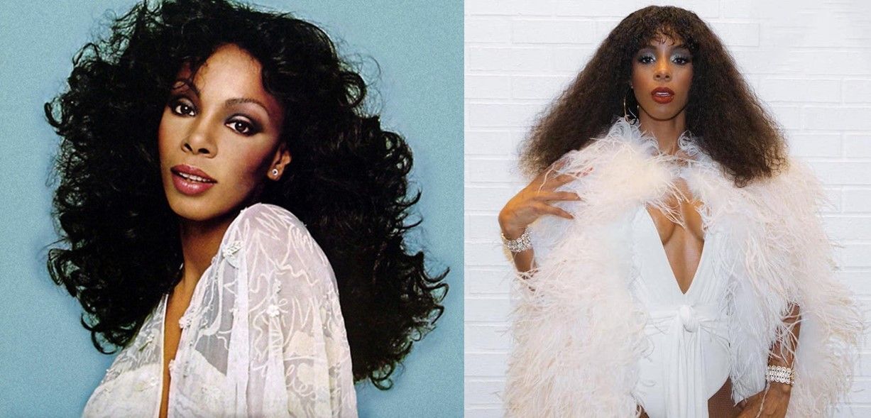 Disco queen Donna Summer in the 1970s; Kelly Rowland channels Donna Summer for Halloween.