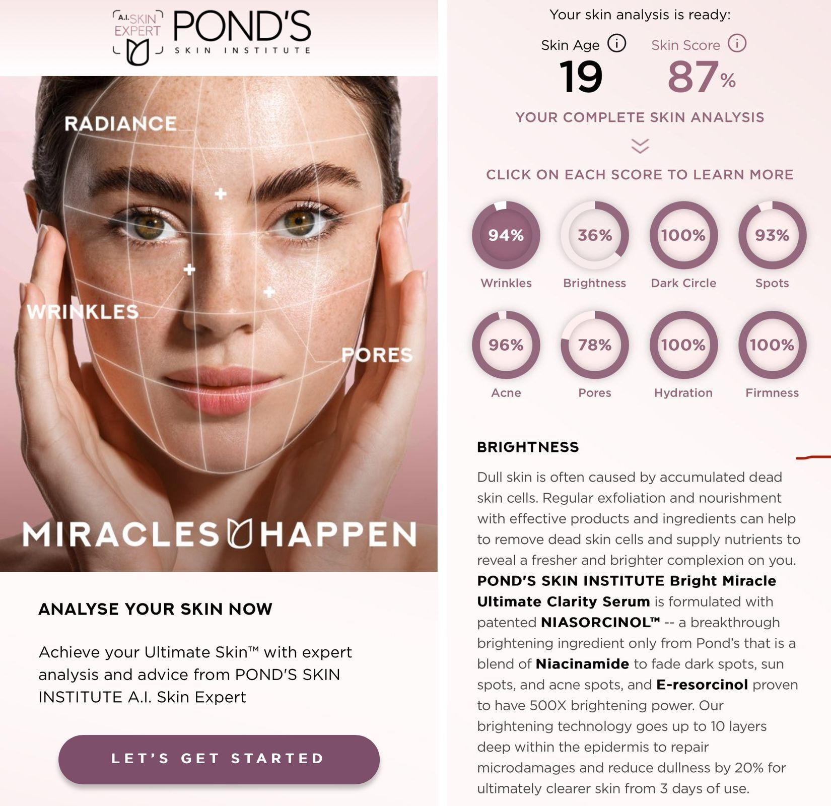 Side by side screenshots of POND’S Skin Advisor Live (SAL) AI tool skin landing page and report. 