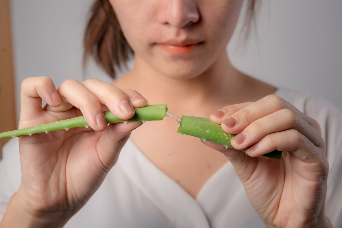 Asian woman holding two halves of an aloe vera leaf