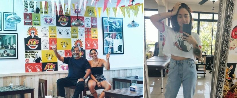 Artist, Aila Torre, with Joel Torre at JT’s Manukan Grille and tattoo artist, Wiji Lacsamana.