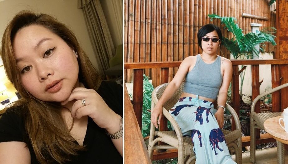 Two women, one a close up self portrait and the other a photo of a woman wearing sunglasses, sitting on a chair.