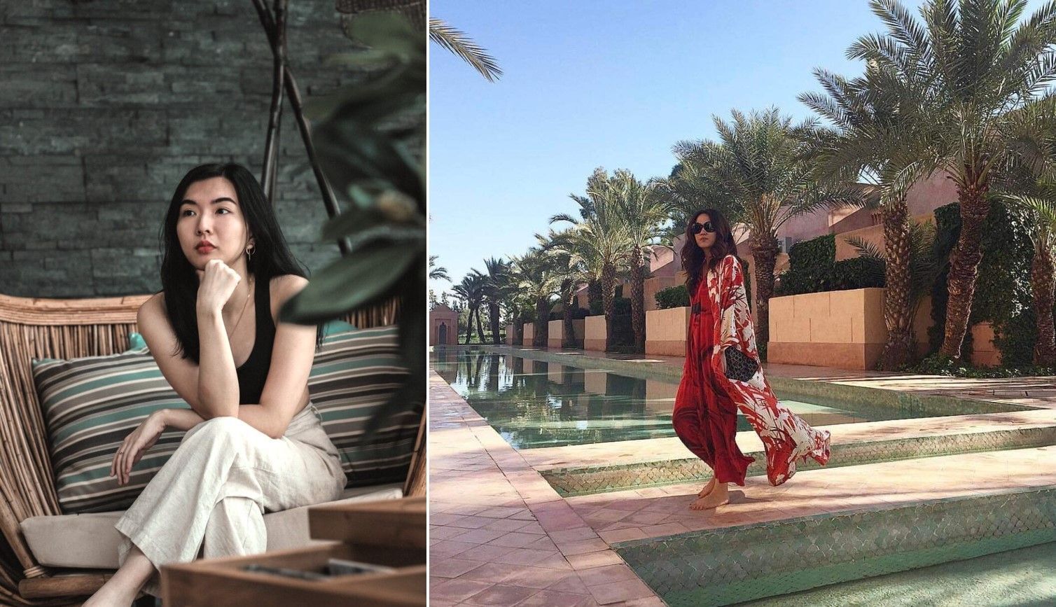 Two women: one in a black tank top and khaki pants sitting; the other in a red kaftan walking outside.