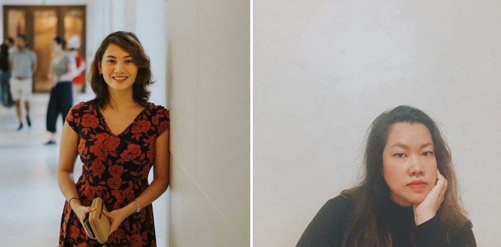 Photos of two women, one wearing a red floral dress and another in a black top with her hand on her chin.