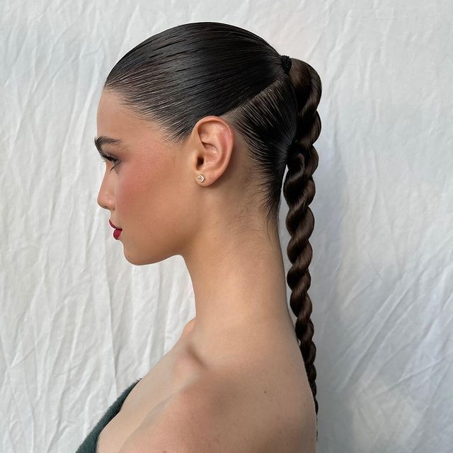 A side profile of a woman with rope twist braid.