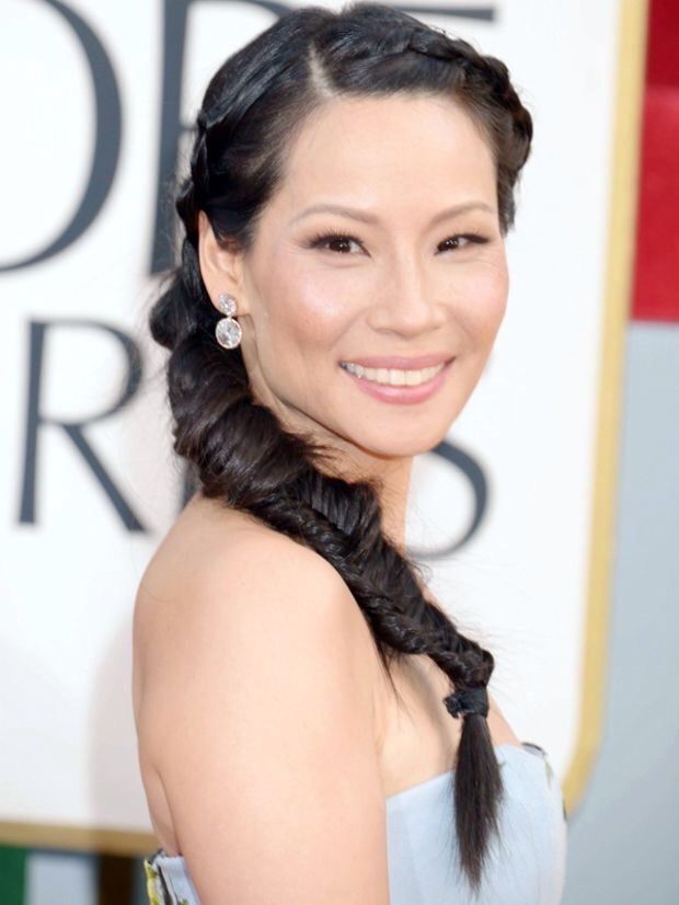 Lucy Liu at the Golden Globes with a side fishtail braid.