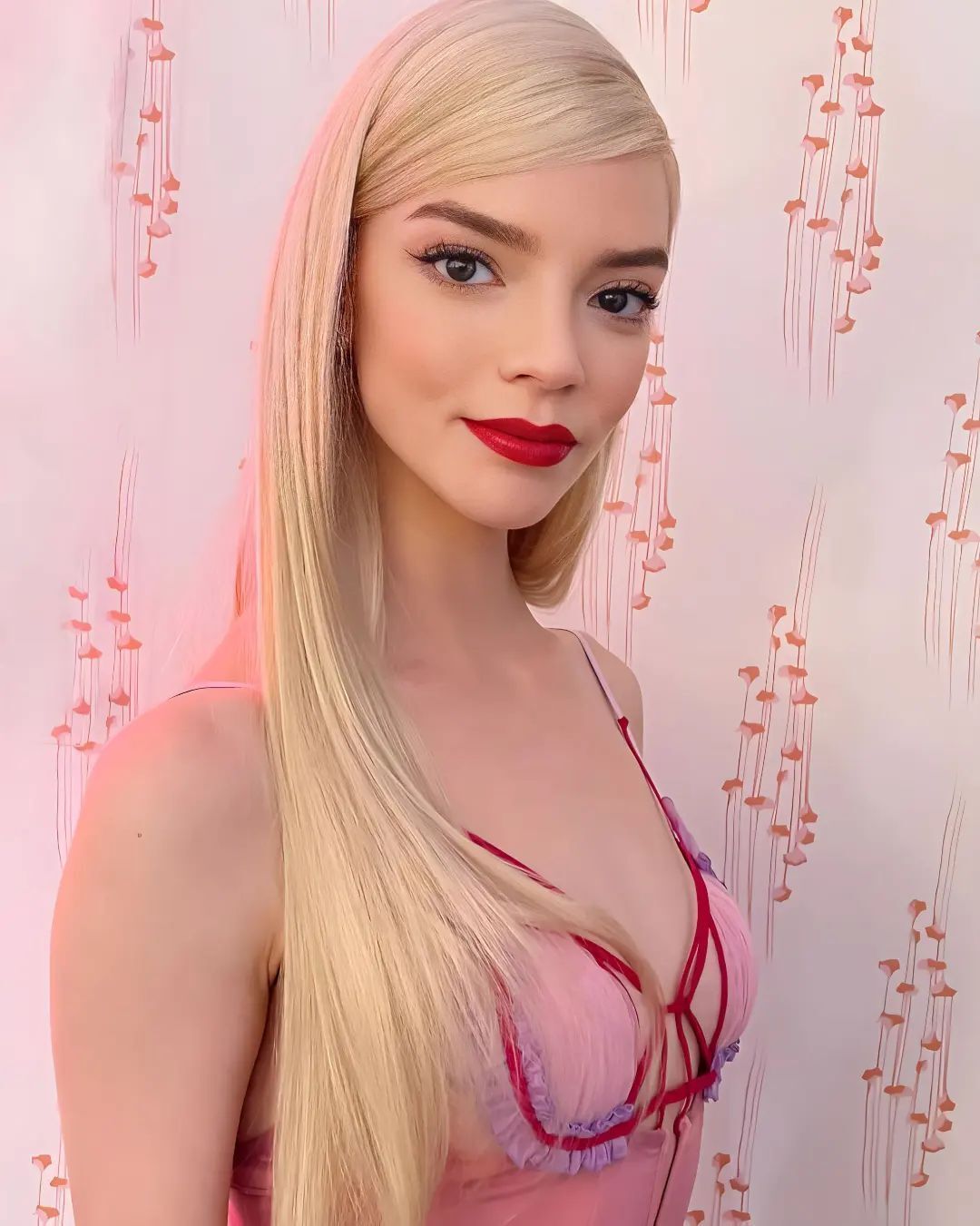 Anya Taylor-Joy in a pink dress and pin straight hairdo posing in front of a pink backdrop.
