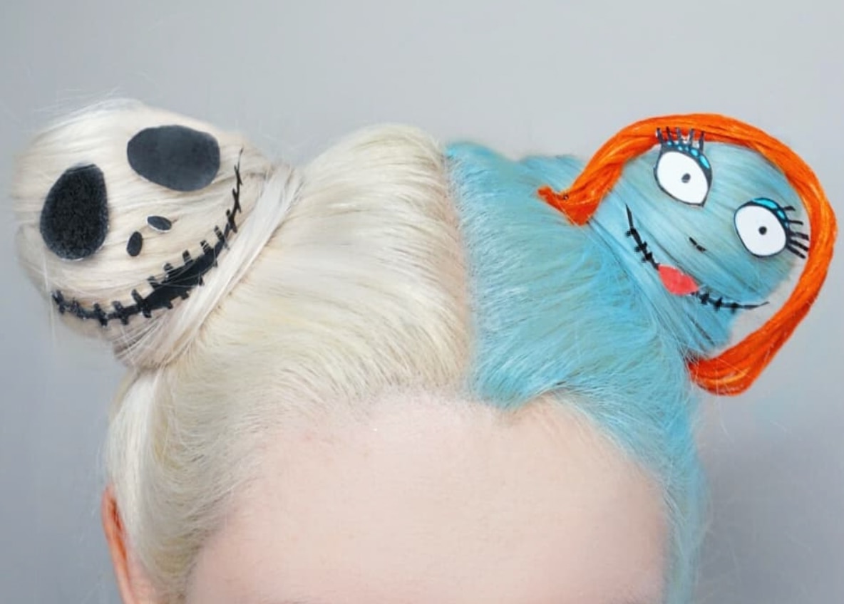 Close up photo of woman's split dyed hair and topknots with pasted cutouts