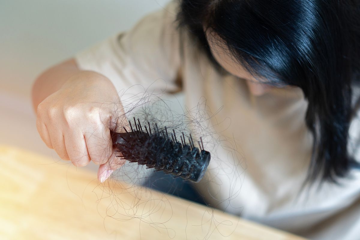 Woman holding a black comb filled with hair.