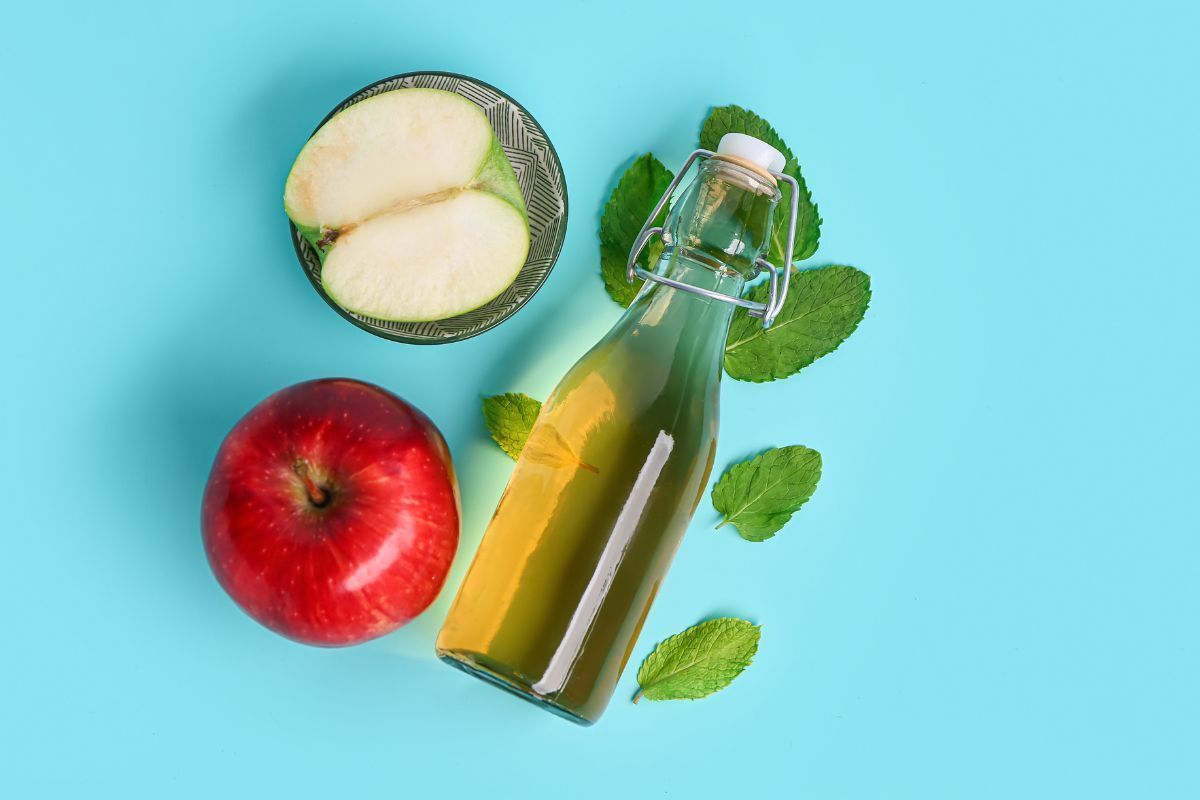 dầu gội trị gàu cho nam giấm táo và lá bạc hà trên nền màu xanh dương