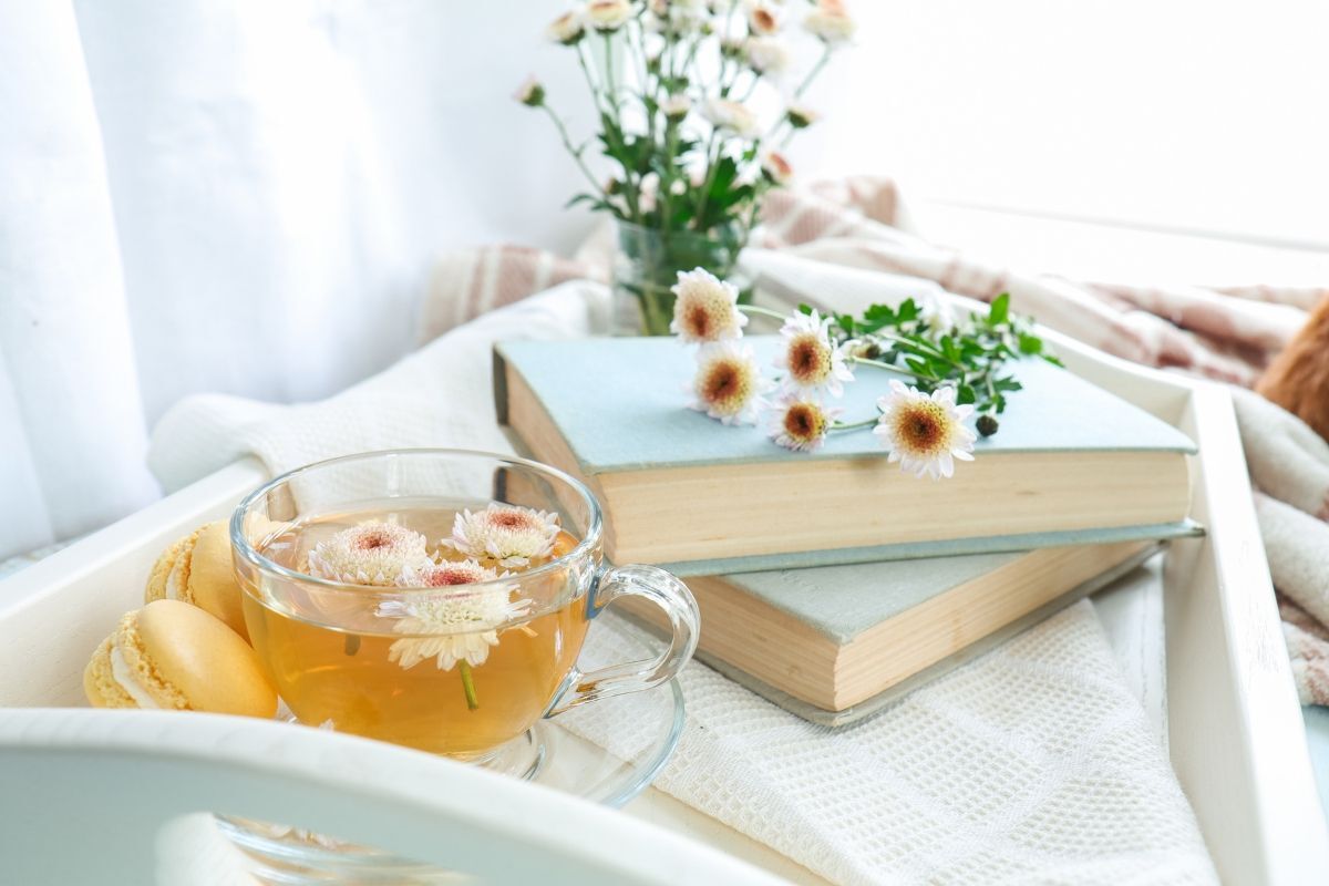 hoa cúc dại ly trà hoa cúc nằm trong khay gỗ kế bên hai cuốn sách màu xanh pastel có vài nhánh hoa cúc ở trên