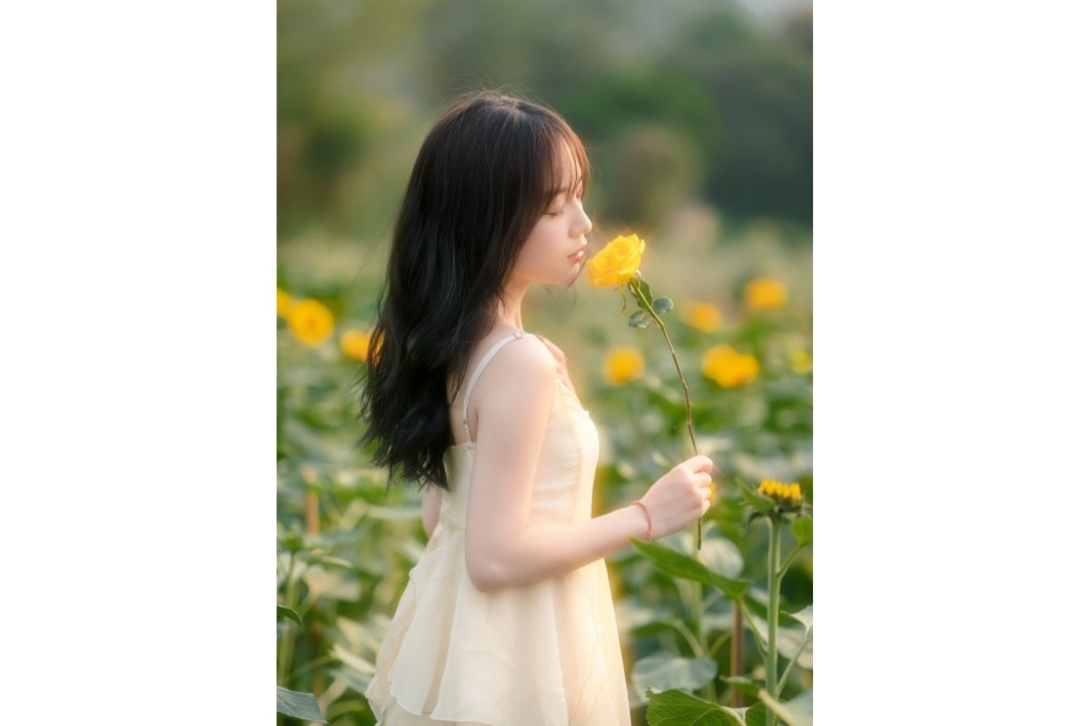 Tóc layer xoăn cô gái mặc váy hai dây trắng đang cầm bông hoa vàng