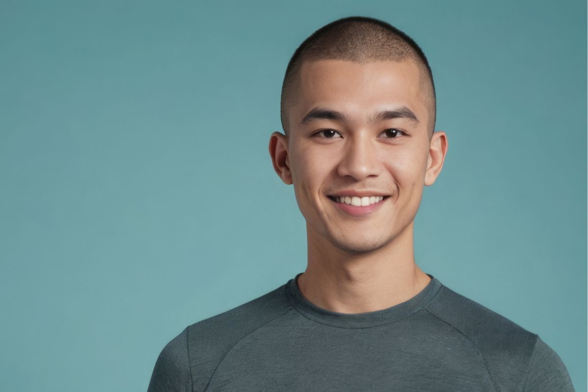 Tóc buzz cut kiểu tóc military induction buzz cut chàng trai mặc áo thun màu xanh đang cười tươi 