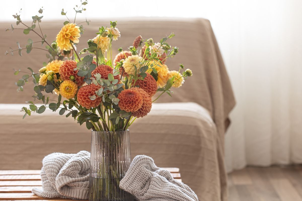 cách cắm hoa cúc bình hoa cúc cam và vàng đặt trên bàn trước ghế sofa