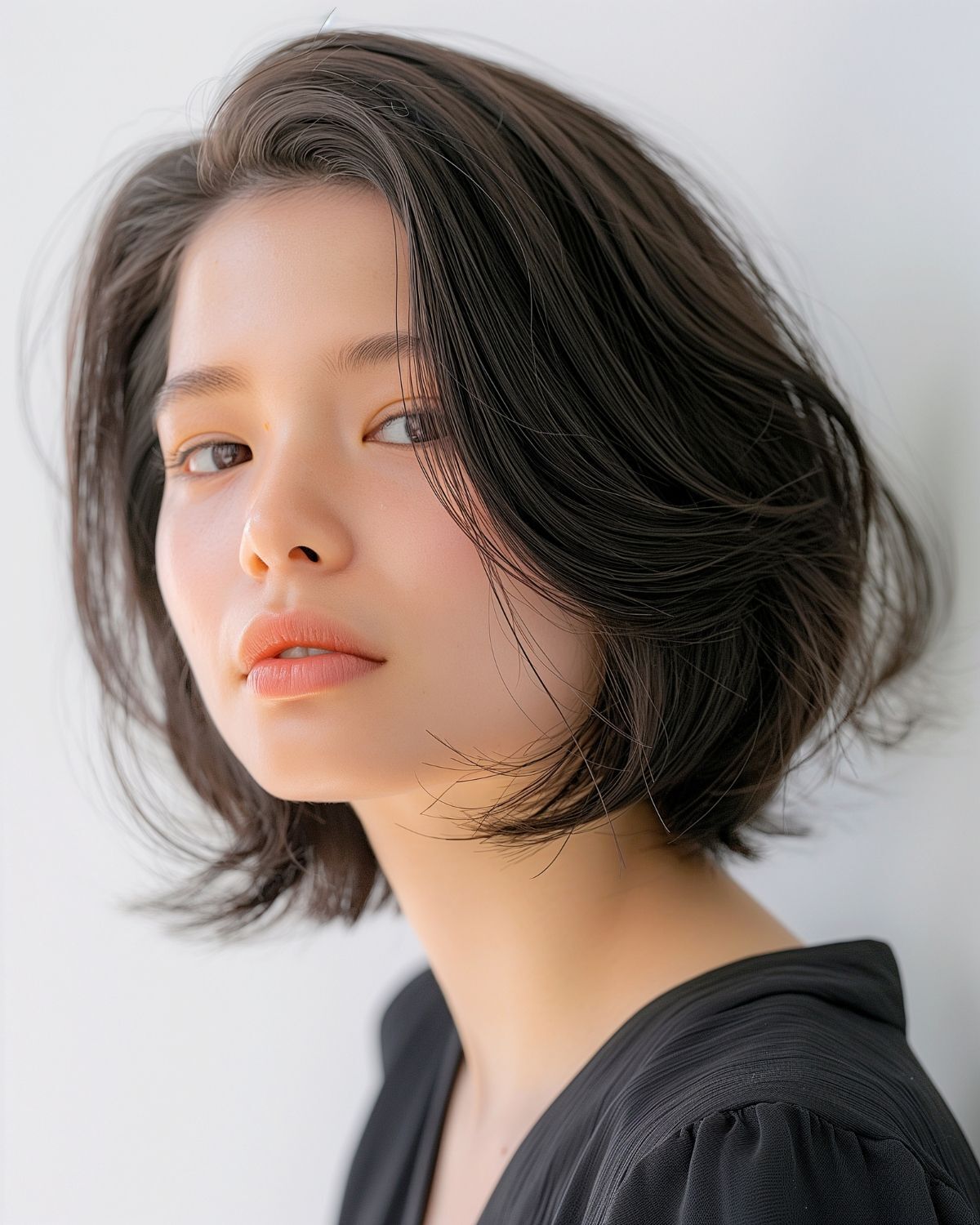 Tóc lỡ tóc lỡ ngắn phong cách Hàn Quốc cô gái mặc áo màu đen chụp trên nền tường trắng