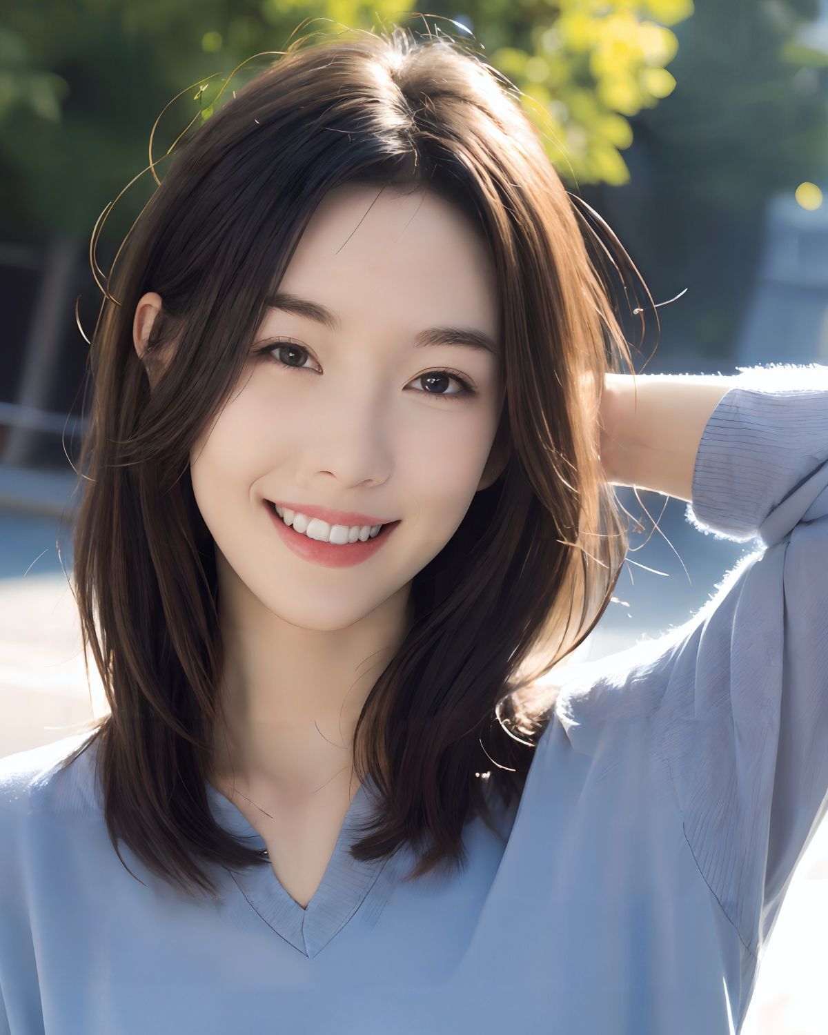 Tóc lỡ kiểu tóc lỡ đẹp mái bay cô gái mặc áo màu xanh dương đang đưa tay lên chạm vào tóc