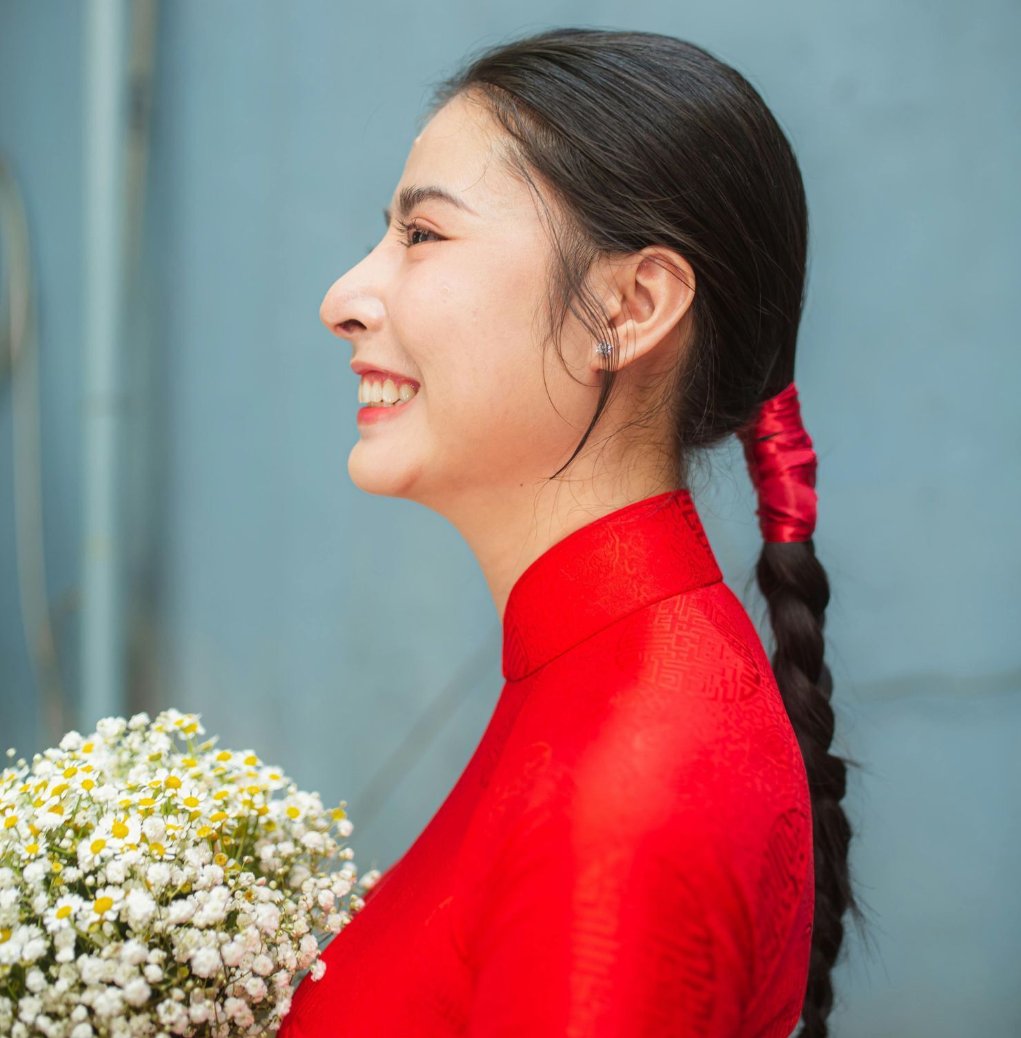 tết tóc mặc áo dài tết đuôi sam