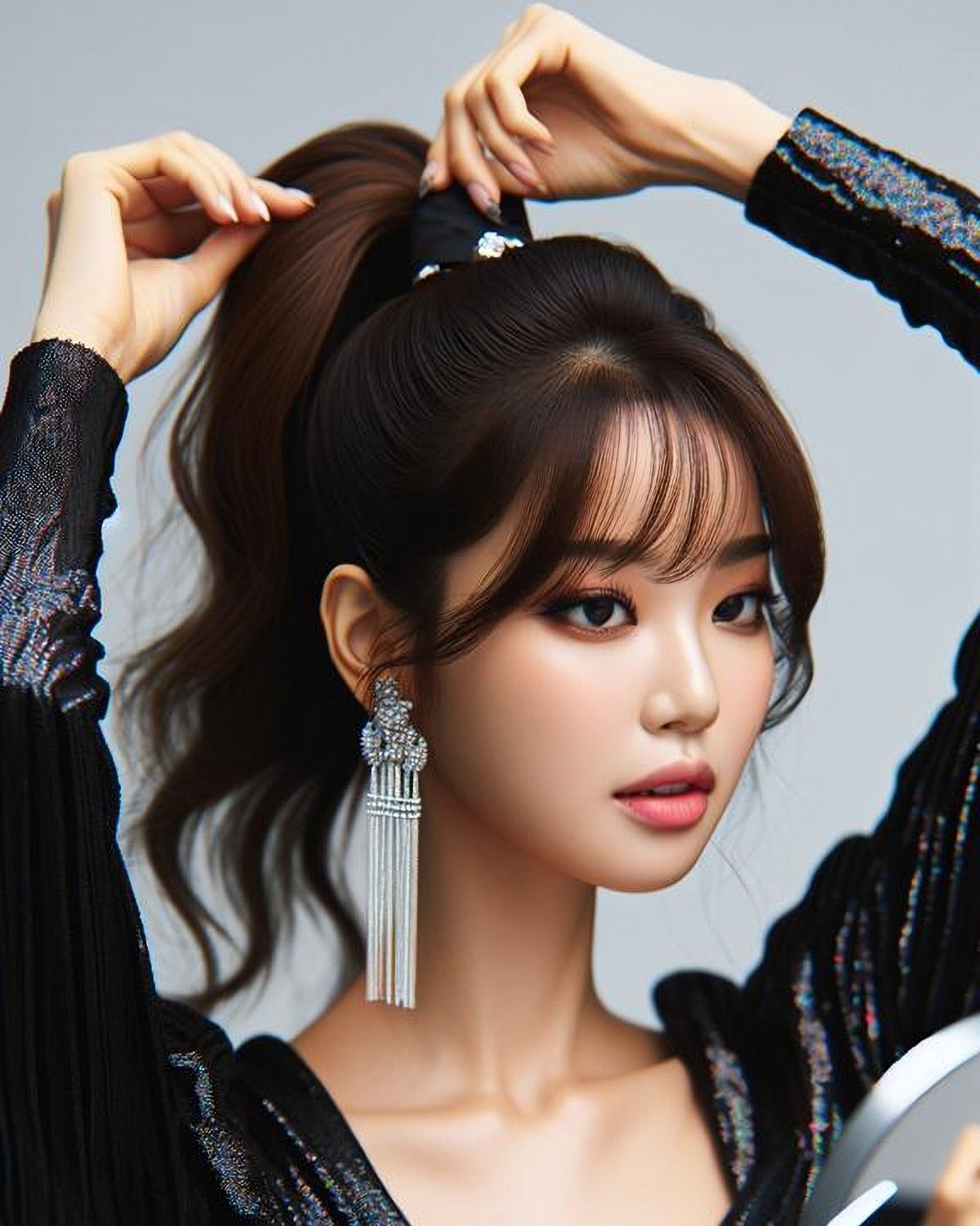 Tóc mái thưa buộc cao đính phụ kiện lấp lánh