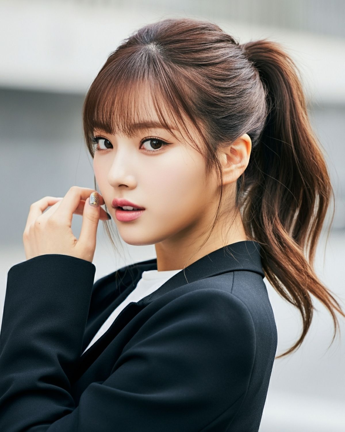 Tóc mái thưa buộc cao tỉa layer phần đuôi tóc