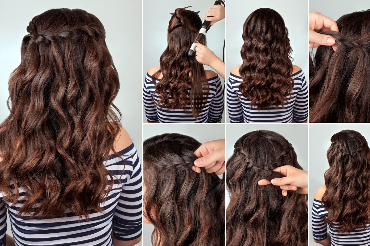 gợi ý bảy kiểu tết tóc đi học hướng dẫn tết tóc kiểu thác nước hình gồm sáu bước cô gái mặc áo sọc ngang trắng đen ngồi quay lưng