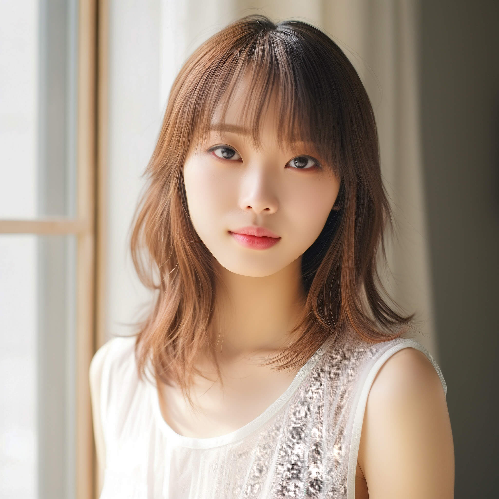 tóc bông xù tóc lob layer cô gái mặc áo ba lỗ màu trắng phía sau bị làm mờ