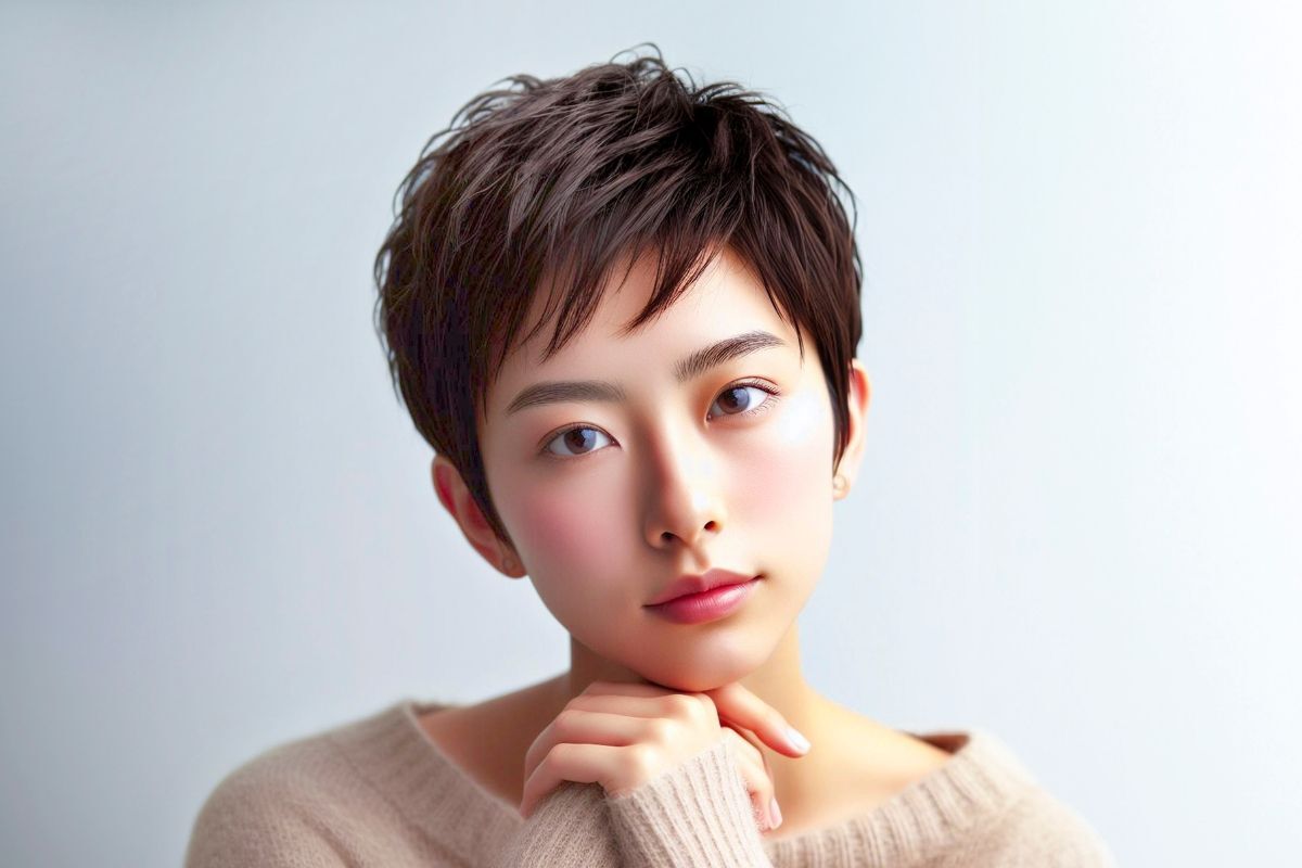 tóc ngắn nữ cá tính tóc ngắn pixie layer cô gái xinh đẹp đang chống tay vào cằm 