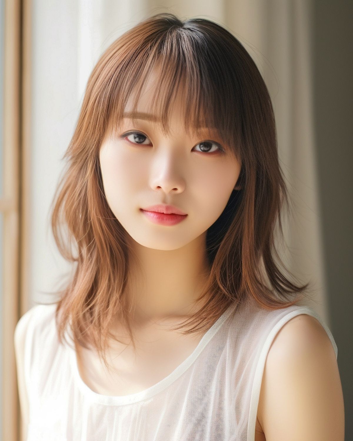 tóc ngắn nữ cá tính tóc layer ngắn cá tính cô gái mặc áo màu trắng cười tươi nền phía sau là rèm cửa bị làm mờ 