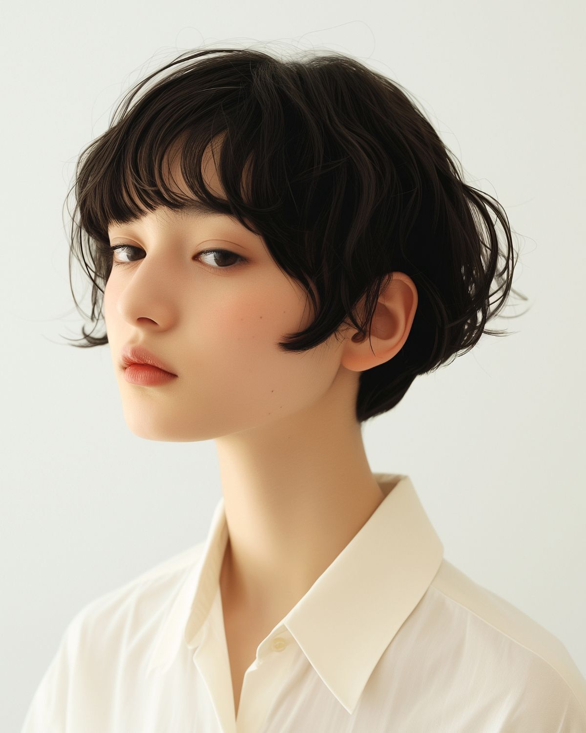 tóc ngắn nữ cá tính tóc ngắn nữ cá tính phong cách Nhật góc nghiêng của cô gái mặc áo màu trắng chụp trên nền trắng 